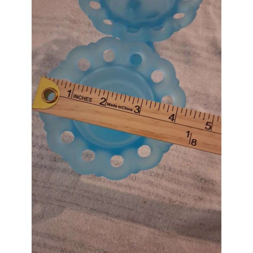 Vintage Fenton Blue Satin Glass Open‎ Lace Eyelet Edge Candlestick Holders Set 2